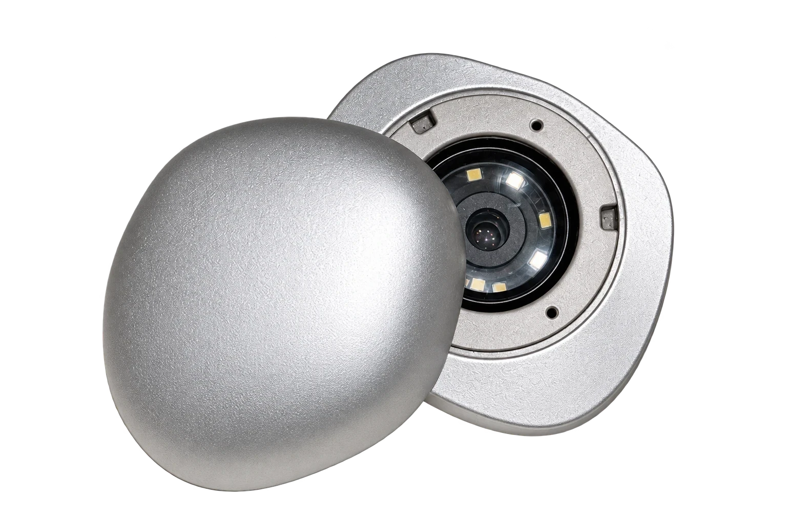 The Rhia Skin Tracker open, its silver cover lifted beside the imaging lens and its ring of lights