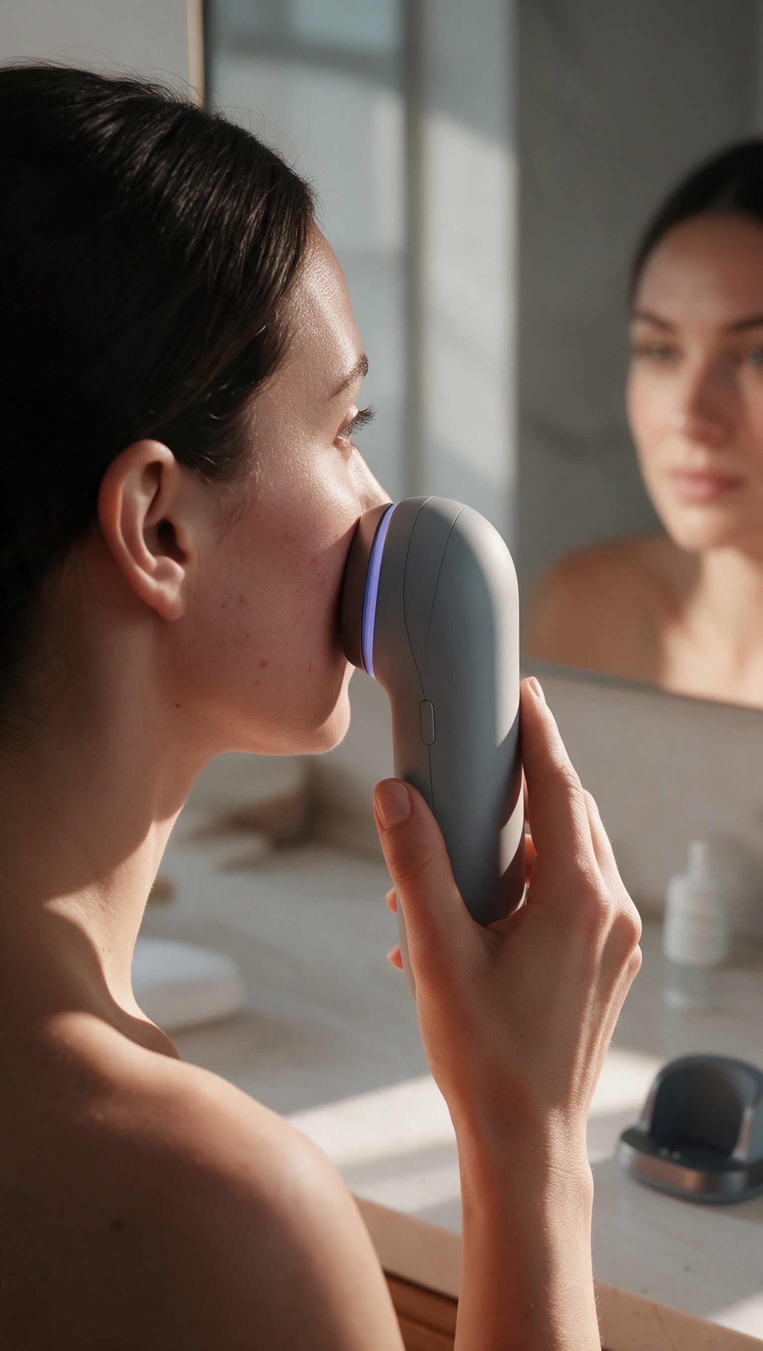 Woman scanning her cheek with Rhia