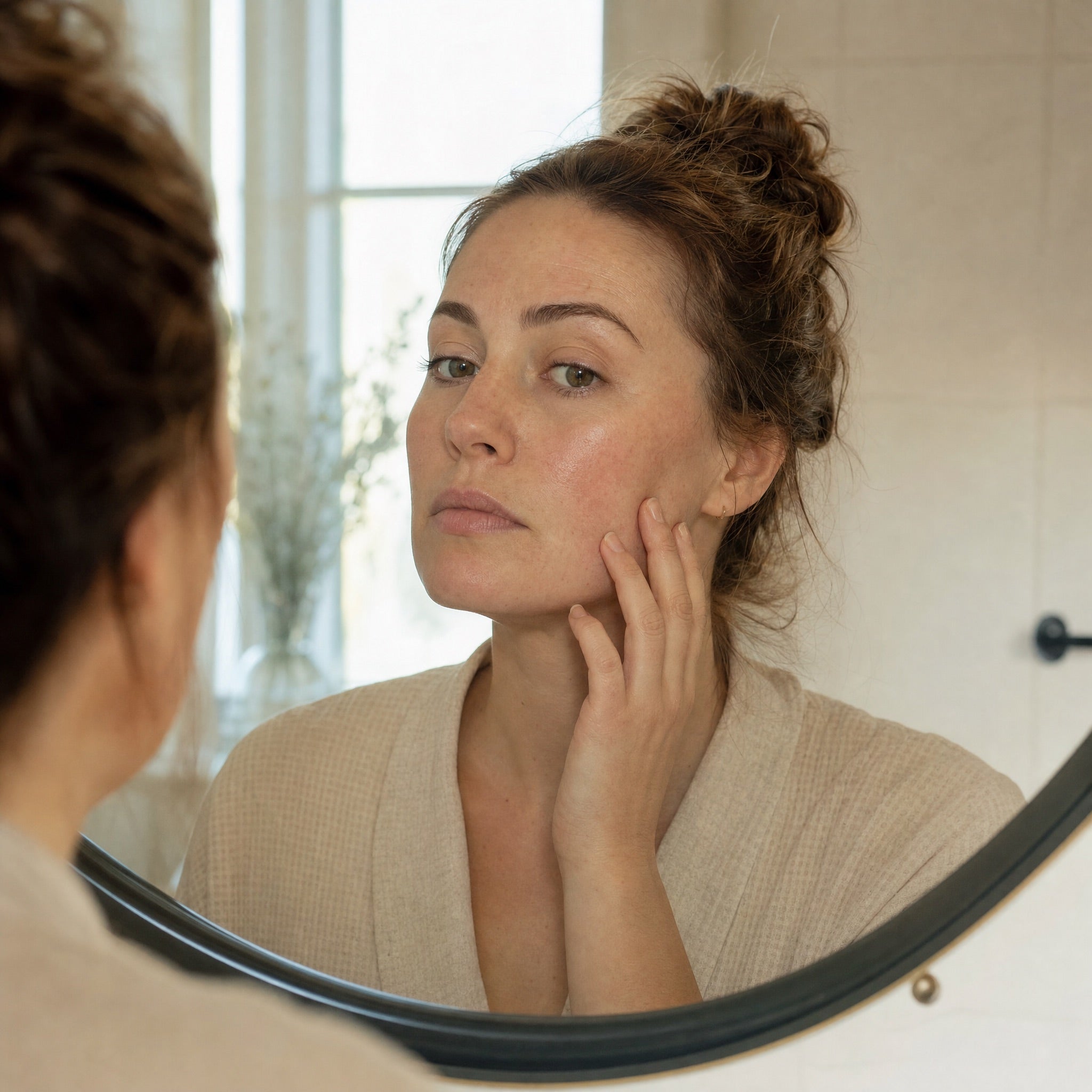 Woman checking her skin in a bathroom mirror
